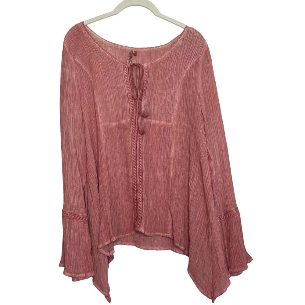 Monoreno Womens Peasant Blouse Medium Coral Crinkle Fabric Long Sleeve Tassels